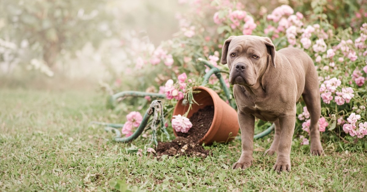 3 Herausforderungen, vor die mein Cane Corso Italiano mich gestellt hat 11 Cane Corso steht im Garten vor einem umgekippten Blumentopf und einem angekauten Gartenschlauch