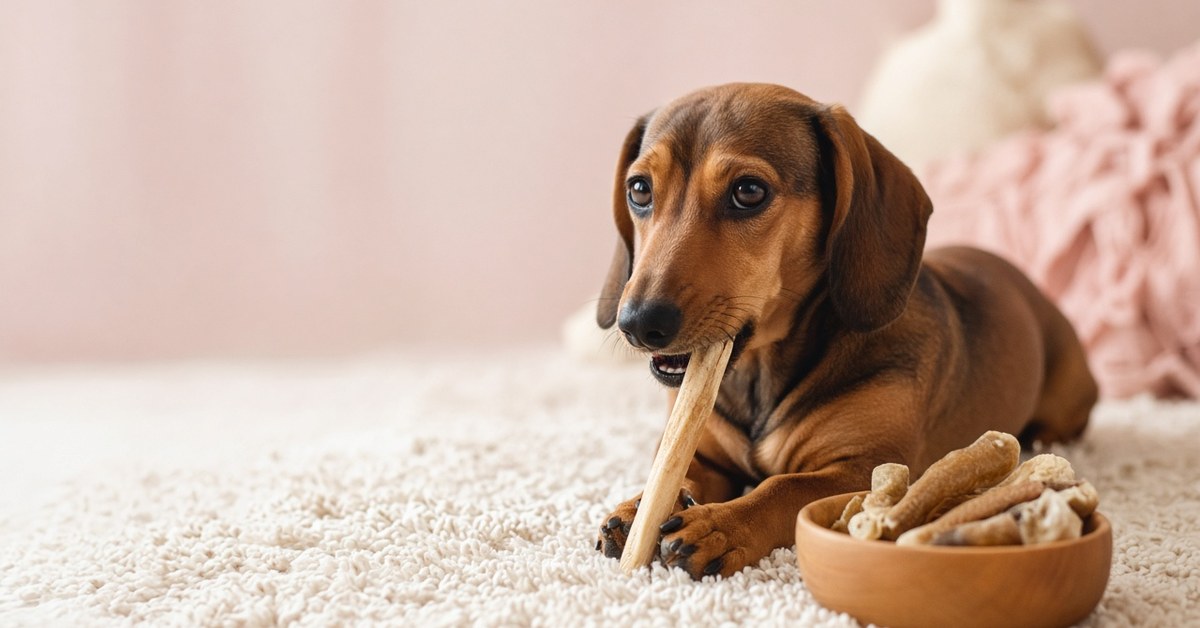Zahnpflege beim Hund - Kausnacks und Co. für gesunde Zähne 9 Dackel knabbert an einem Kaustängel, daneben eine Schale mit Kausnacks