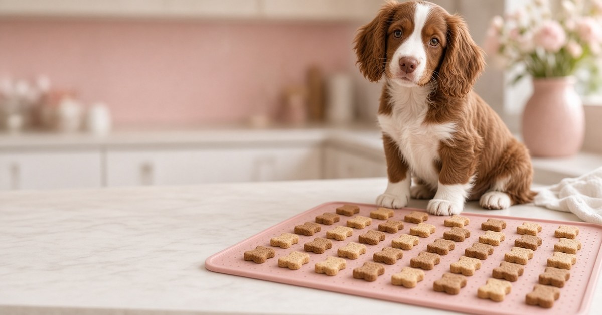 Hundeleckerlis aus der Backmatte - 3 einfache und schnelle Rezepte 5 Springer-Spaniel-Welpe sitzt neben einer rosa Backmatte mit knochenförmigen Leckerlis