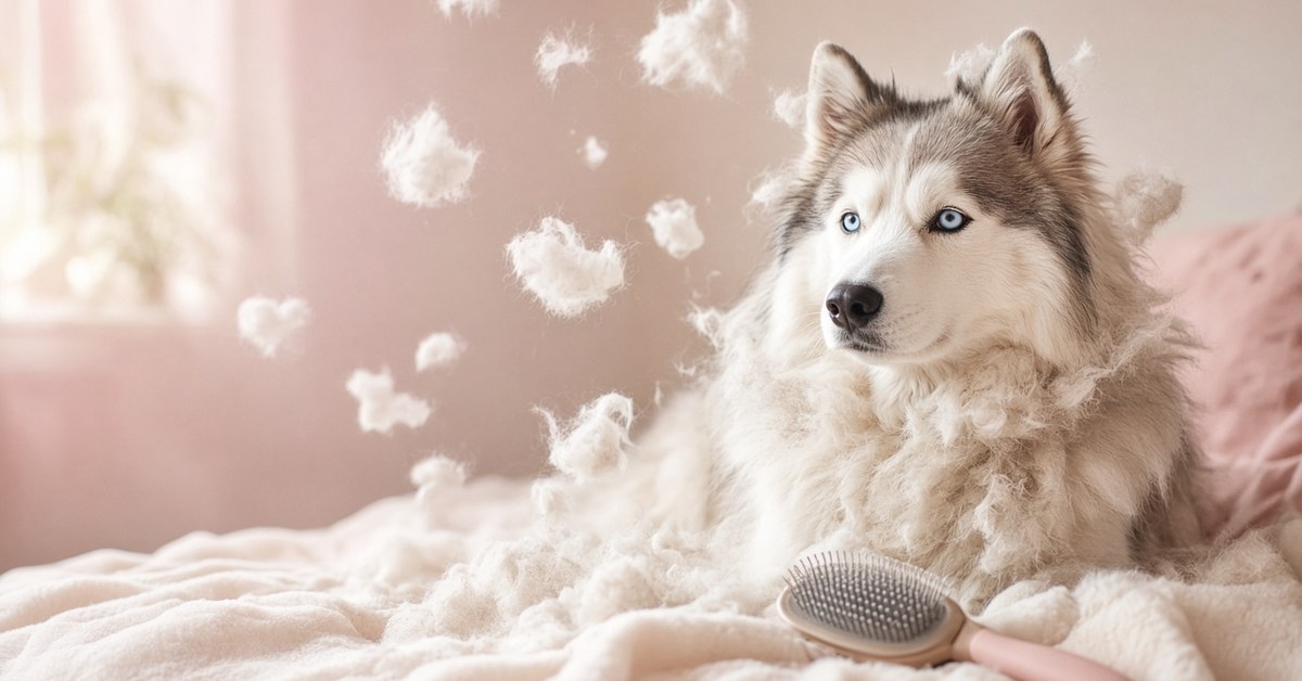 Fellwechsel beim Hund - Unsere 3 Geheimwaffen 6 Husky im Fellwechsel mit fliegenden Haarbüscheln und einer Bürste