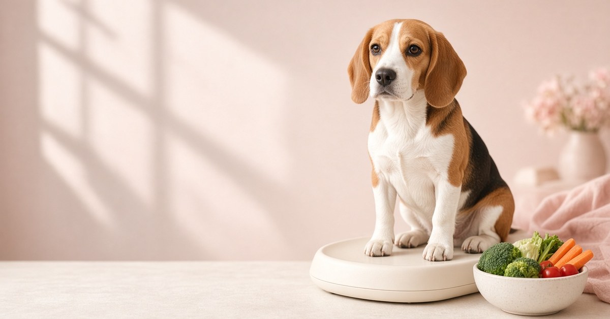 Bellfor Shiimun Slim - natürliches Diätpulver für Hunde 7 Schlanker Beagle sitzt auf einer Waage neben einer Schüssel mit Gemüse