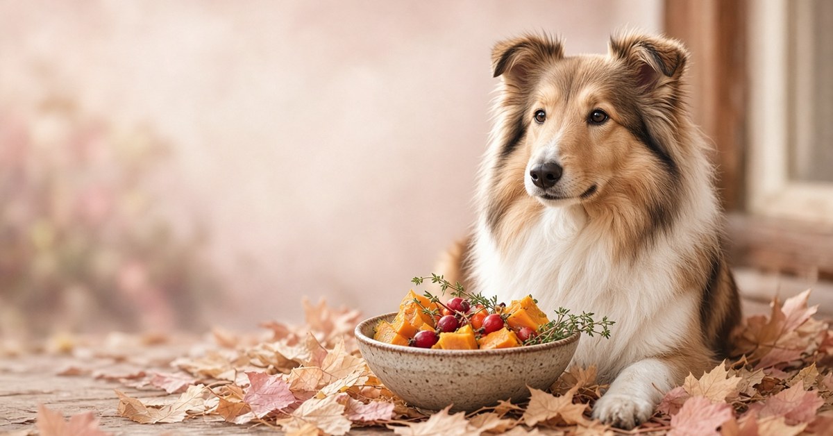 Clean Feeding Herbstrezept für das Immunsystem deines Hundes 2 Collie sitzt im Herbstlaub neben einem Napf mit Kürbis, Hagebutten und Thymian