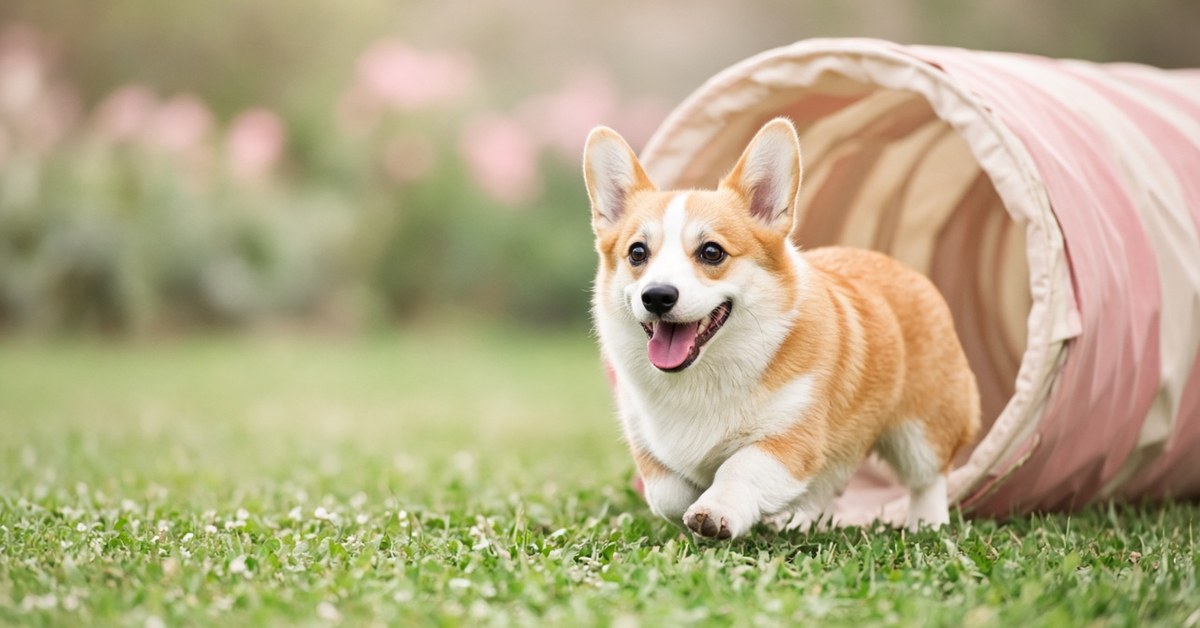 Corgi läuft aus einem pastellfarbenen Agility-Tunnel