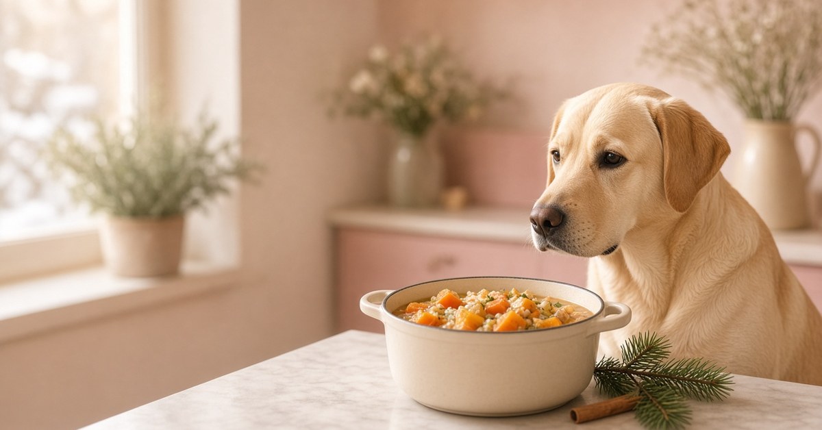 Clean Feeding Weihnachtsrezept: Hundefutter selber kochen 1 Labrador sitzt vor einem Topf mit selbst gekochtem Hundeeintopf mit Karotten und Kürbis