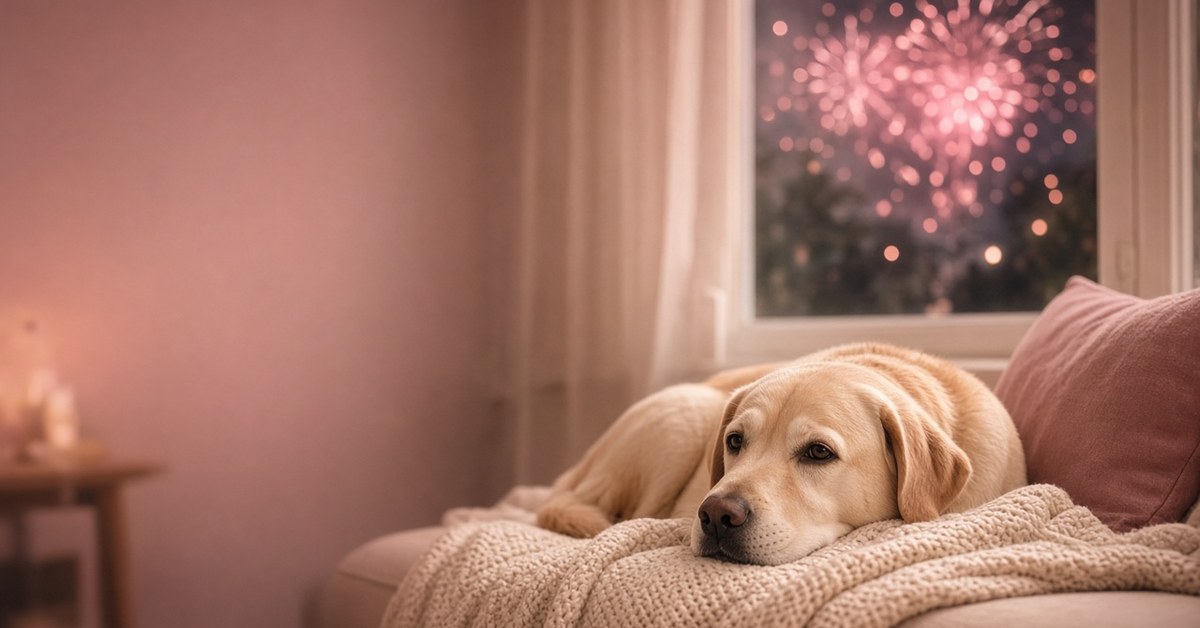 Labrador ruht auf einer Decke, draußen leuchtet rosa Feuerwerk