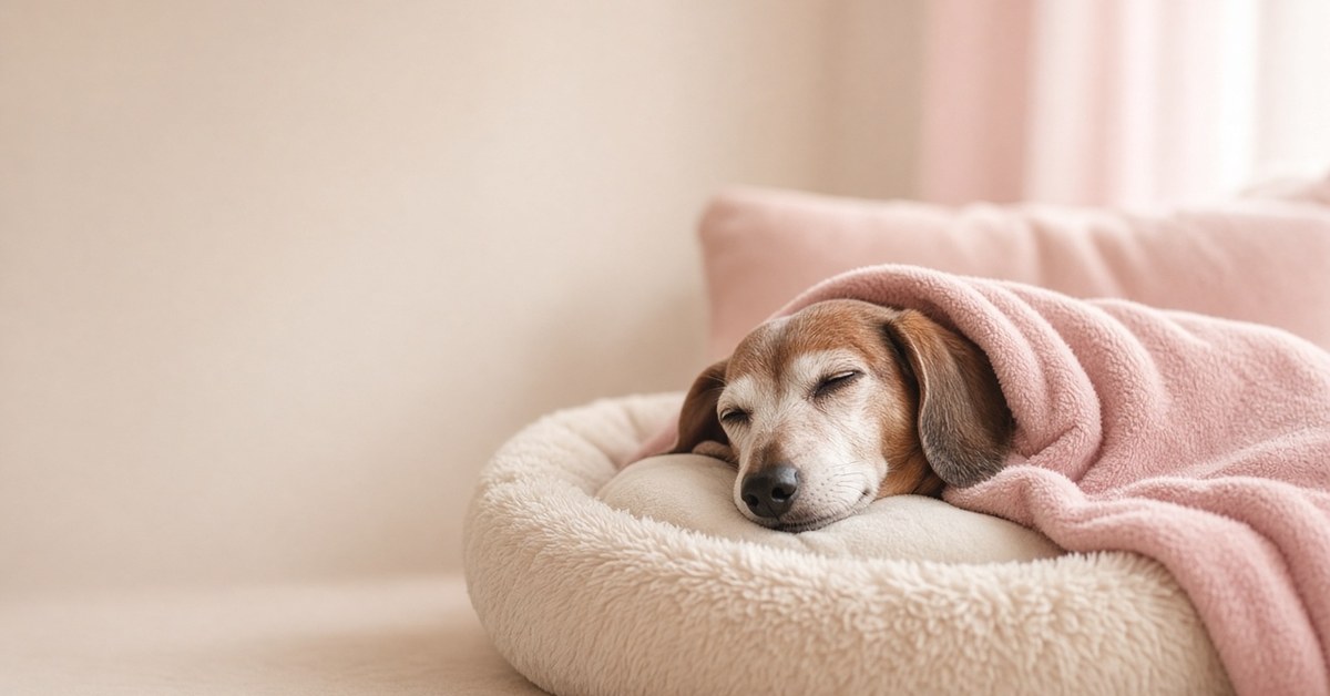 Sehr alter Dackel schläft in einem weichen Bett unter einer rosa Decke