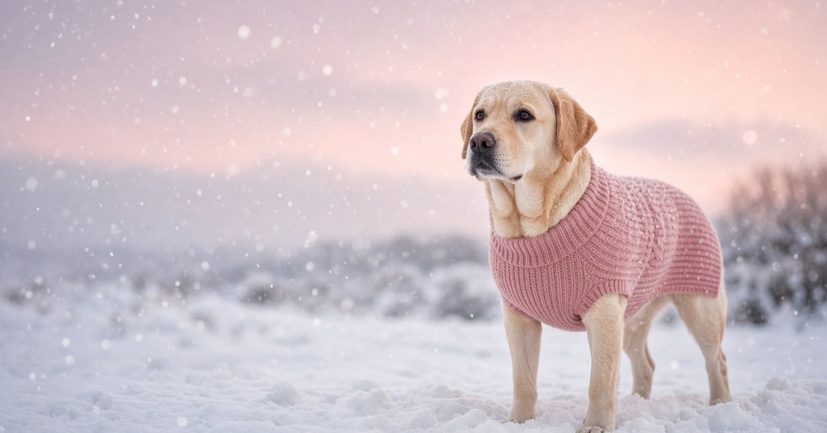 Tipps für Hunde im Winter + Video: Hunde im Schnee 5 Labrador im rosa Strickmantel im Schnee