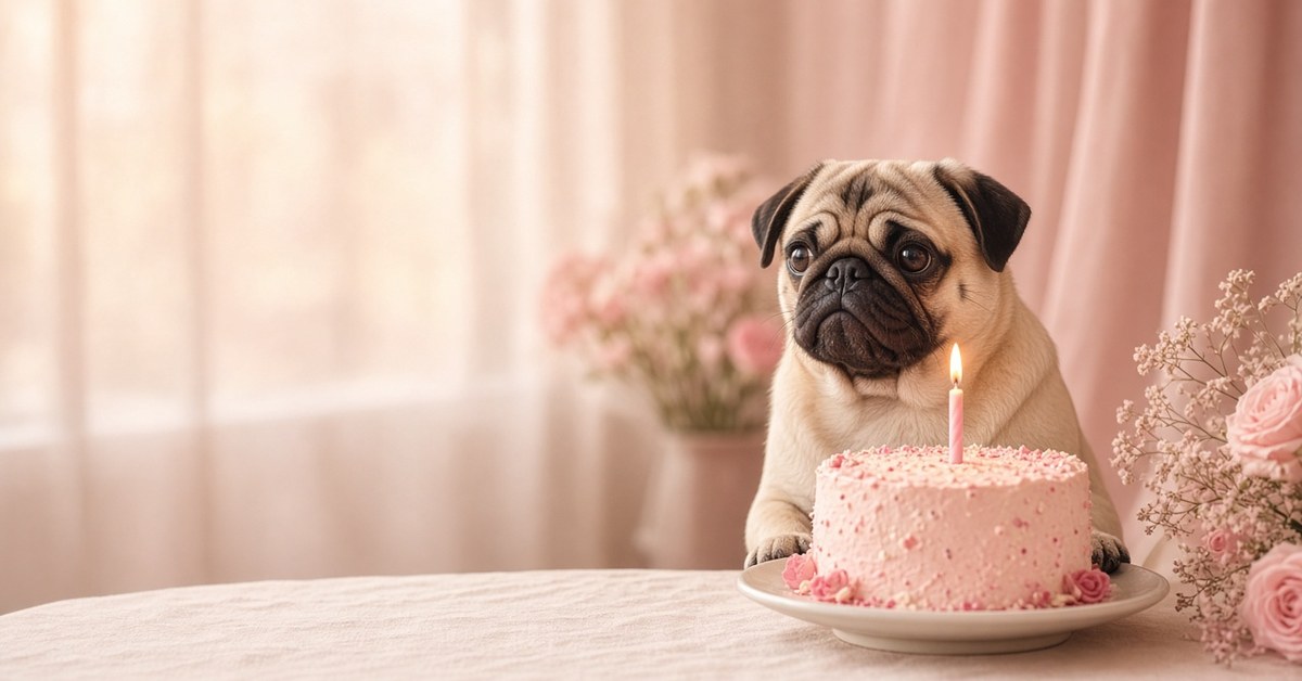 Mops sitzt vor einer rosa Geburtstagstorte mit einer Kerze