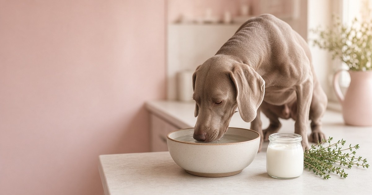An meine Hunde lasse ich nur Wasser und Probiotika 3 Weimaraner trinkt Wasser aus einem Keramiknapf, daneben Joghurt und Kräuter