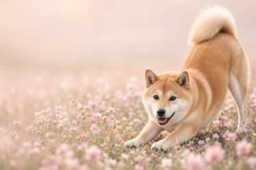 Shiba Inu in der Spielaufforderung auf einer Frühlingswiese
