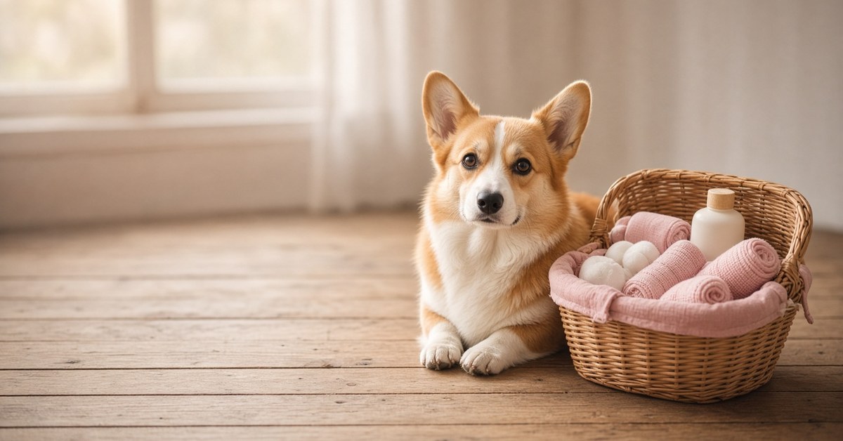 Erste Hilfe für Hunde - Das gehört in die Hausapotheke 2 Corgi sitzt neben einem Korb mit Verbandsmaterial als Hunde-Hausapotheke