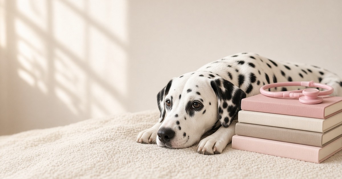 3 Buchtipps rund um die Hundegesundheit 1 Dalmatiner liegt neben einem Bücherstapel und einem rosa Stethoskop