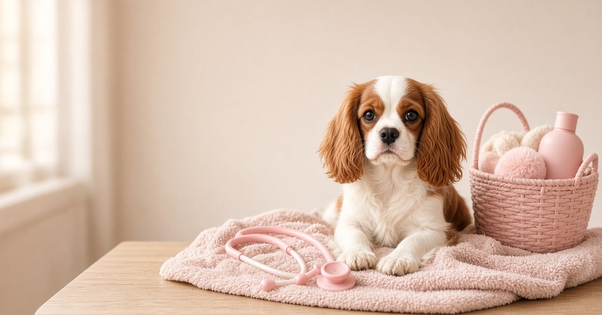 Cavalier King Charles Spaniel sitzt auf einem Handtuch neben einem Stethoskop