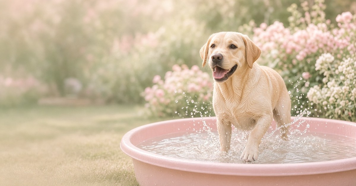 Hund im Sommer - Tipps, wie du deinen Hund abkühlen kannst 1 Labrador kühlt sich in einem rosa Planschbecken im Garten ab
