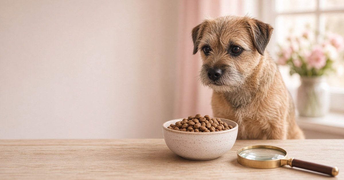 Border Terrier sitzt neben einem Napf Trockenfutter und einer Lupe