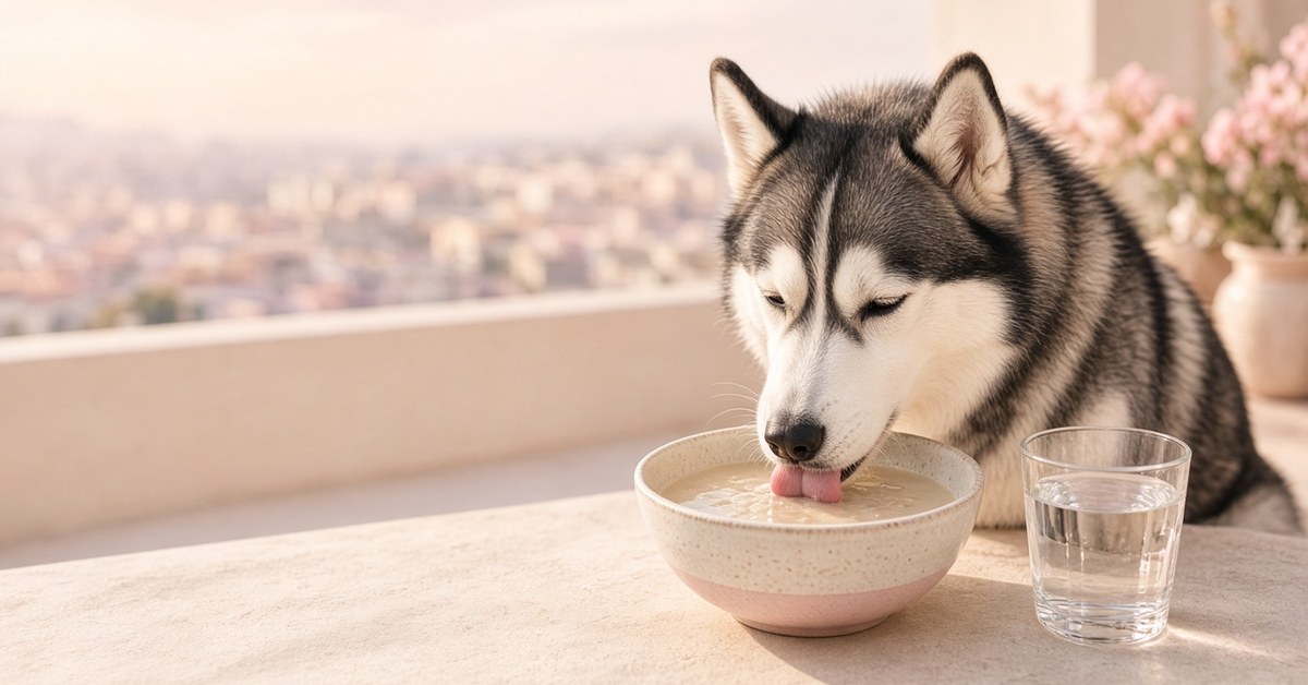 Husky schleckt an einem Napf mit cremiger Brühe auf der Terrasse