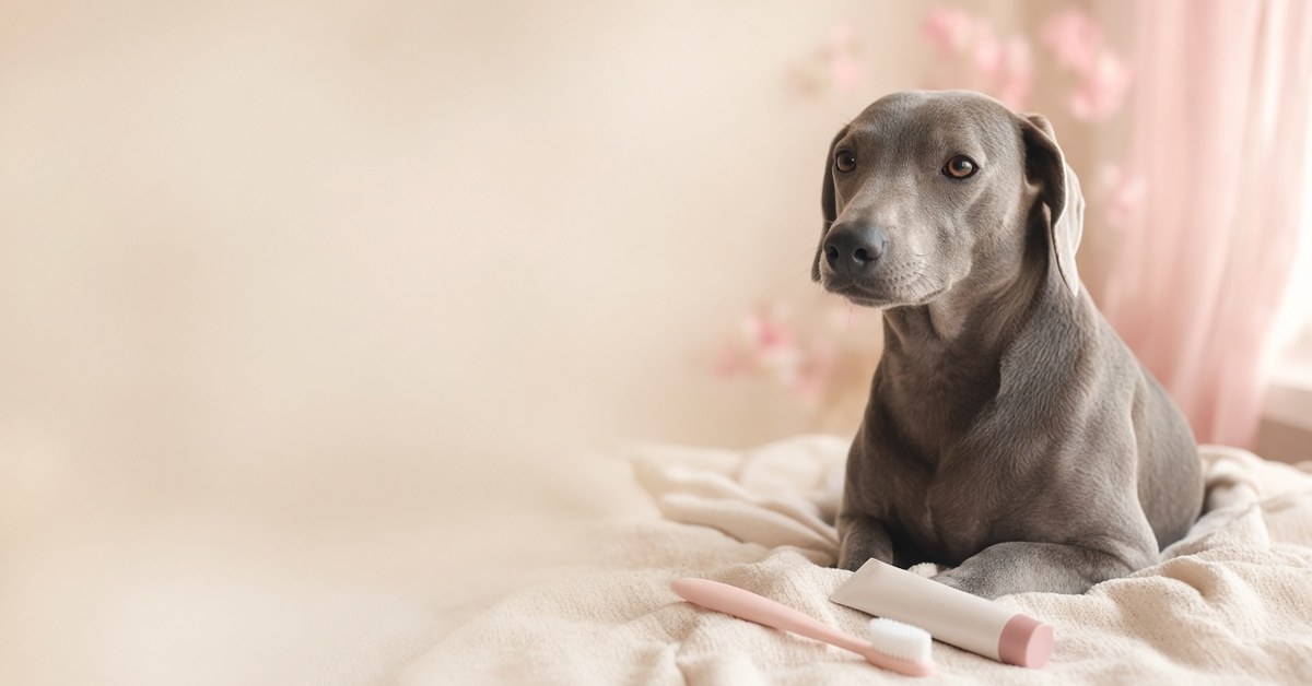 Grauer Hund sitzt entspannt neben Zahnbürste und Hundezahnpasta auf einer cremefarbenen Decke