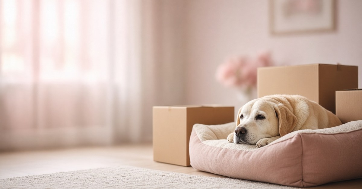 Grauschnäuziger älterer Labrador ruht in einem rosa Hundebett neben Umzugskartons