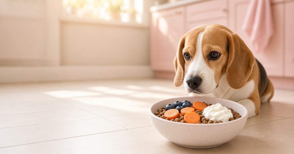 Beagle schaut auf einen Napf mit Trockenfutter, Karottenscheiben, Heidelbeeren und Joghurt