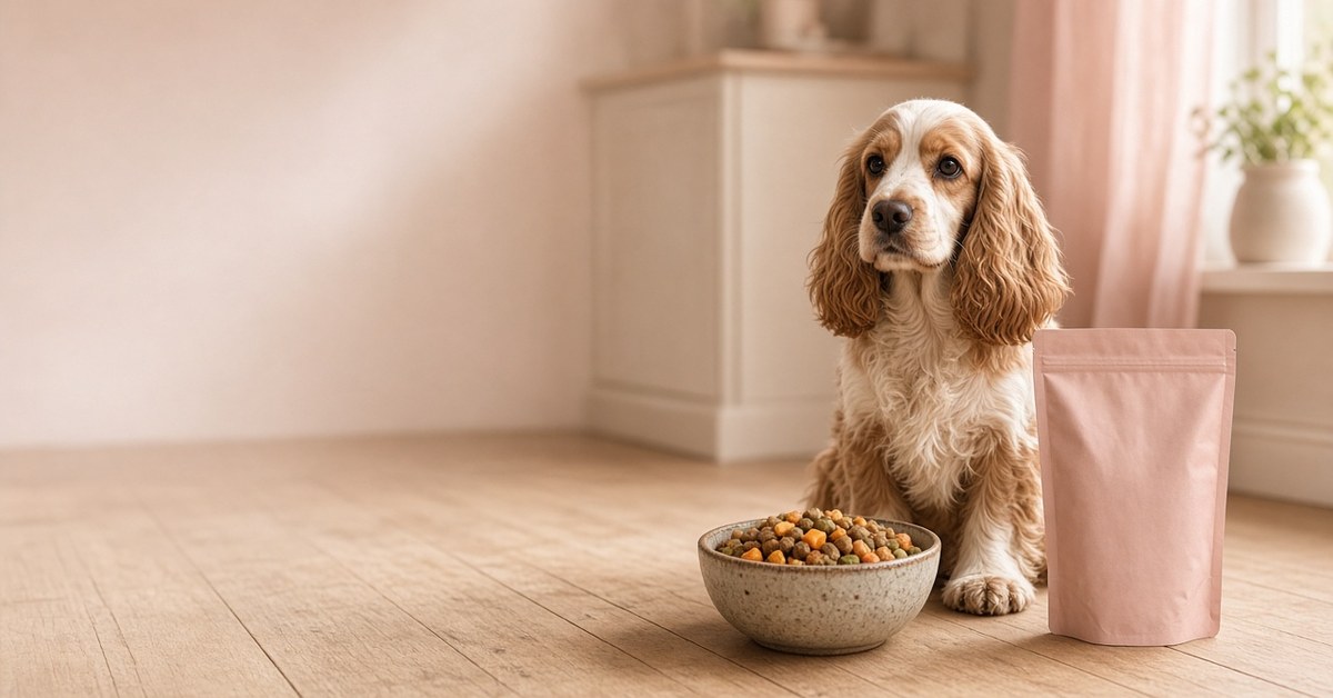 Cocker Spaniel sitzt neben einem Napf mit Naturfutter auf dem Holzboden