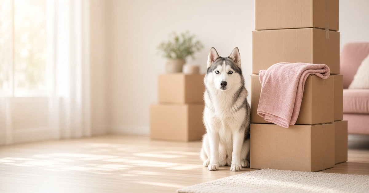 Husky sitzt ruhig zwischen Umzugskartons in einem hellen Wohnzimmer