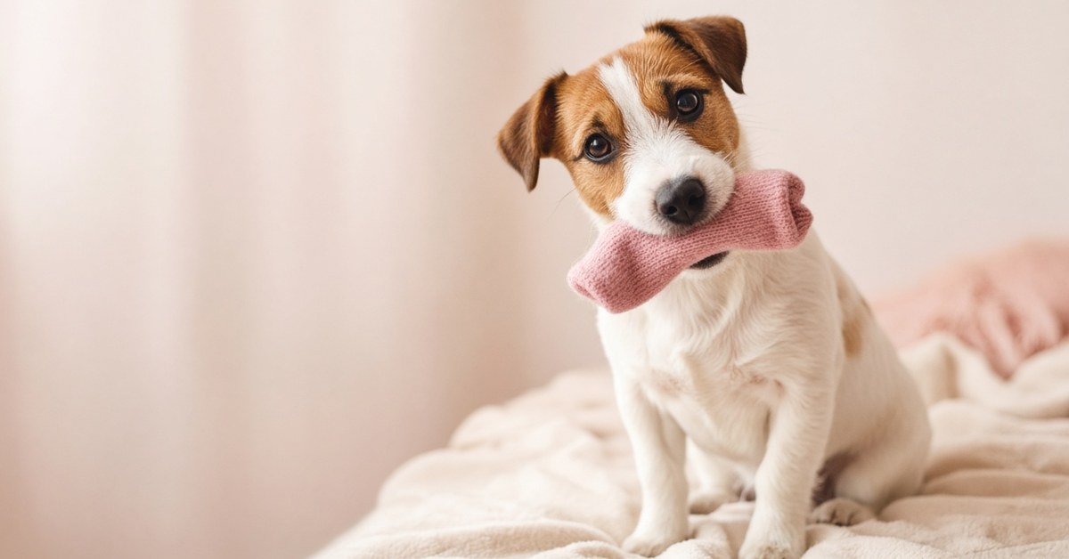 Jack Russell Terrier mit schiefem Kopf hält eine rosa Socke im Maul