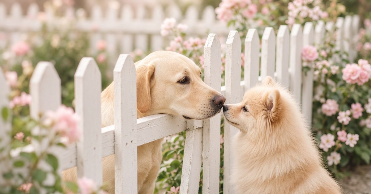 Labrador und Spitz schnuppern durch einen weißen Gartenzaun aneinander