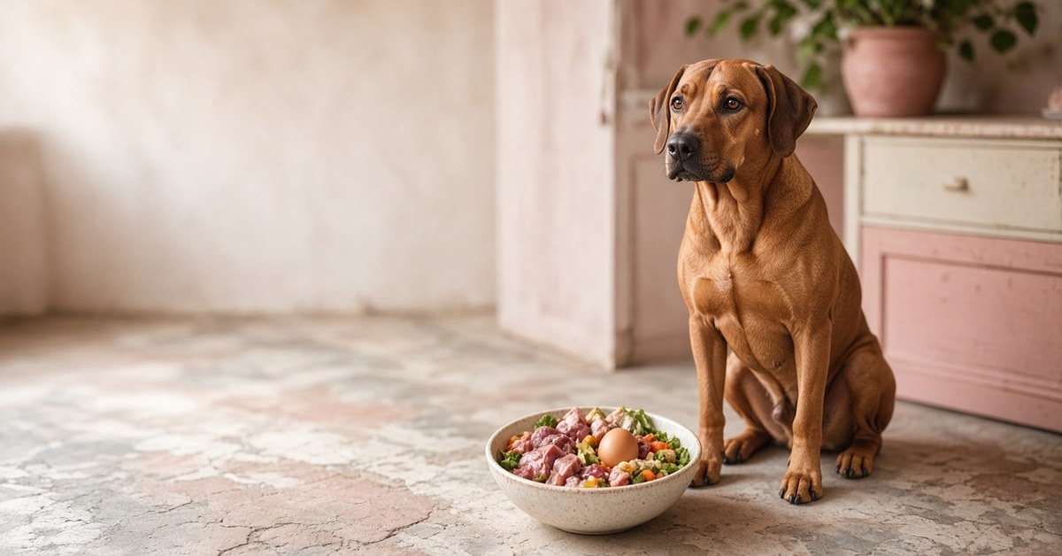Rhodesian Ridgeback sitzt neben einem Napf mit frischem Barf-Futter
