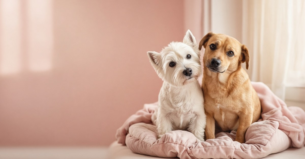 Zwei Hunde, ein weißer Terrier und ein hellbrauner Mischling, sitzen eng beieinander und neigen gleichzeitig den Kopf