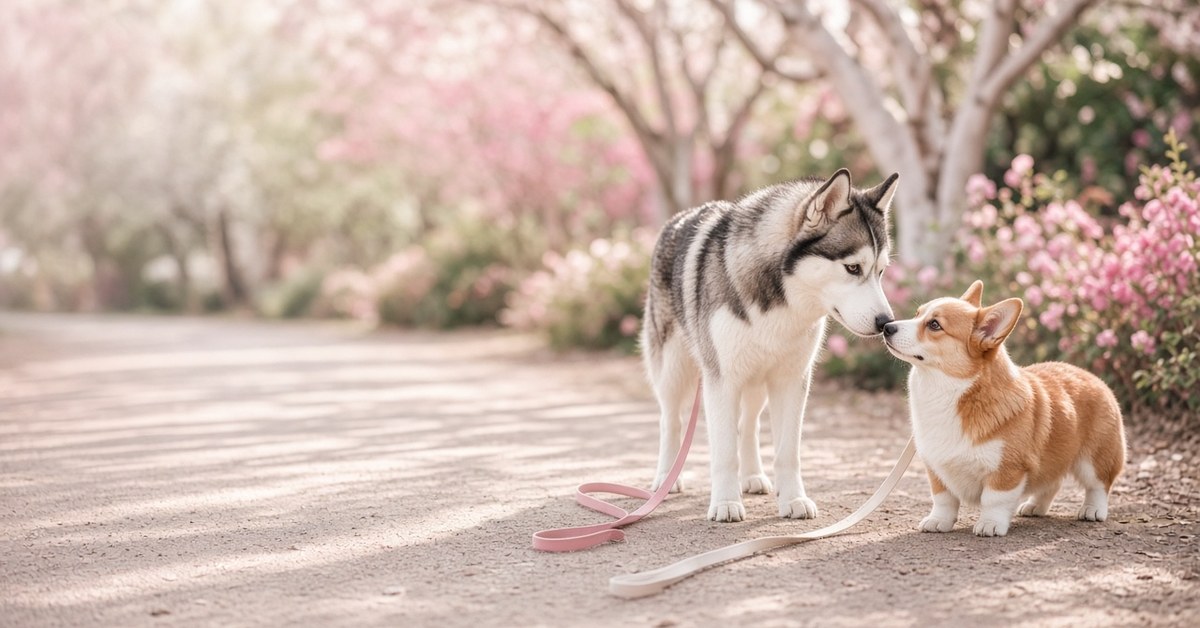 Husky und Corgi begegnen sich entspannt auf einem Parkweg mit lockeren Leinen