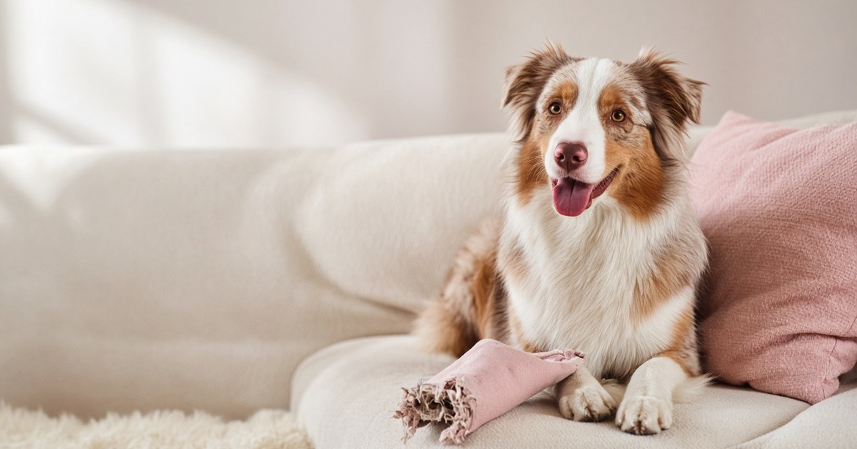 Frecher Australian Shepherd sitzt auf einem Sofa neben einem angekauten rosa Schal