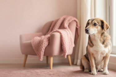 Nachdenklicher Mischling sitzt am Fenster und schaut zu einem leeren Sessel mit rosa Strickdecke