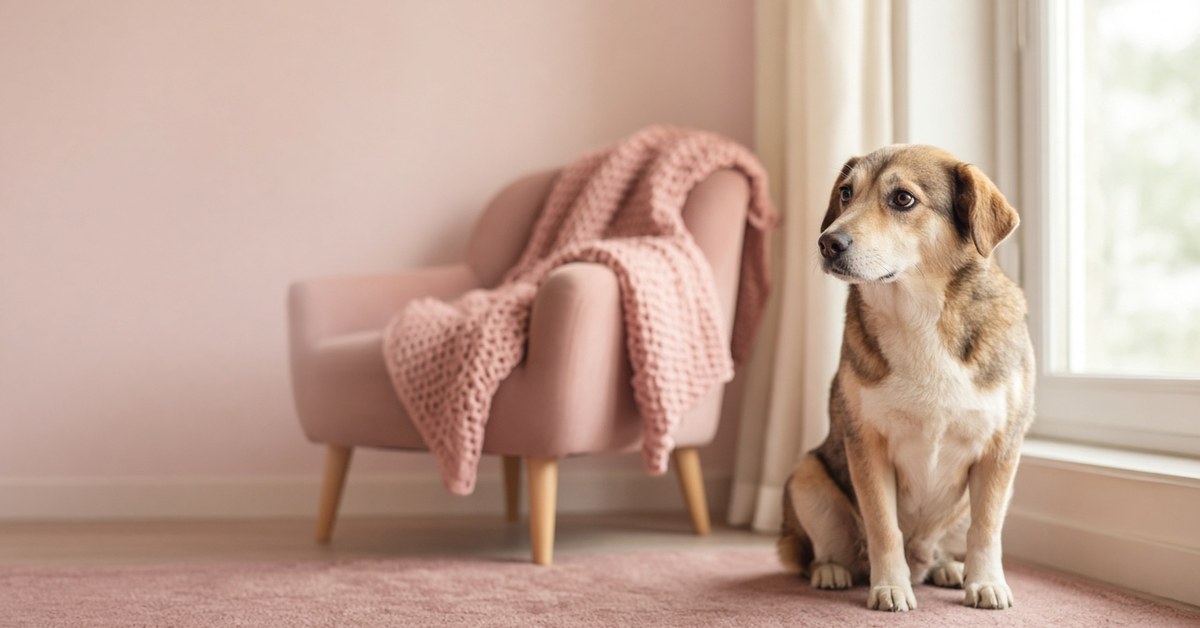 Was das Verhalten deines Hundes über dich verrät 13 Nachdenklicher Mischling sitzt am Fenster und schaut zu einem leeren Sessel mit rosa Strickdecke