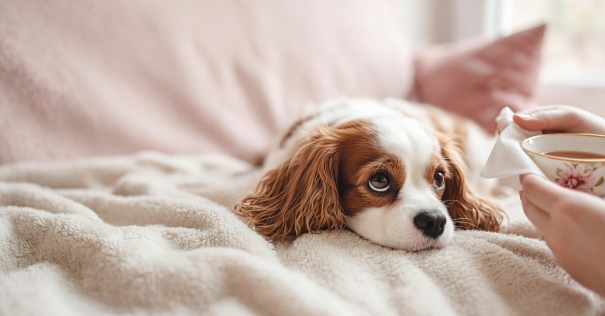 Cavalier King Charles Spaniel liegt auf einer Kuscheldecke und schaut fürsorglich zu einer Hand mit Teetasse