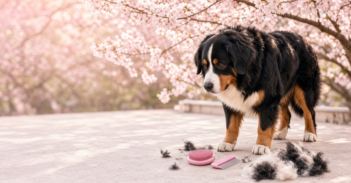 Frühjahrsputz - So hilfst du deinem Hund beim Fellwechsel 6 Berner Sennenhund im Fellwechsel unter Kirschblüten neben Bürste und Fellbüscheln