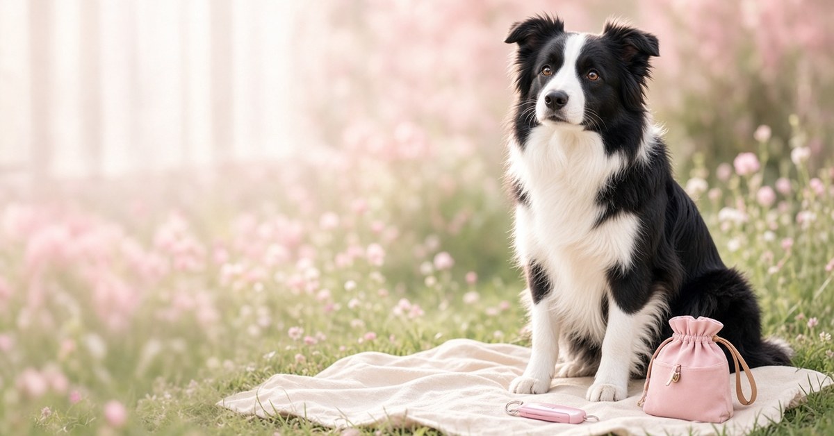 Border Collie sitzt aufmerksam auf einer Blumenwiese neben Klicker und Leckerli-Beutel