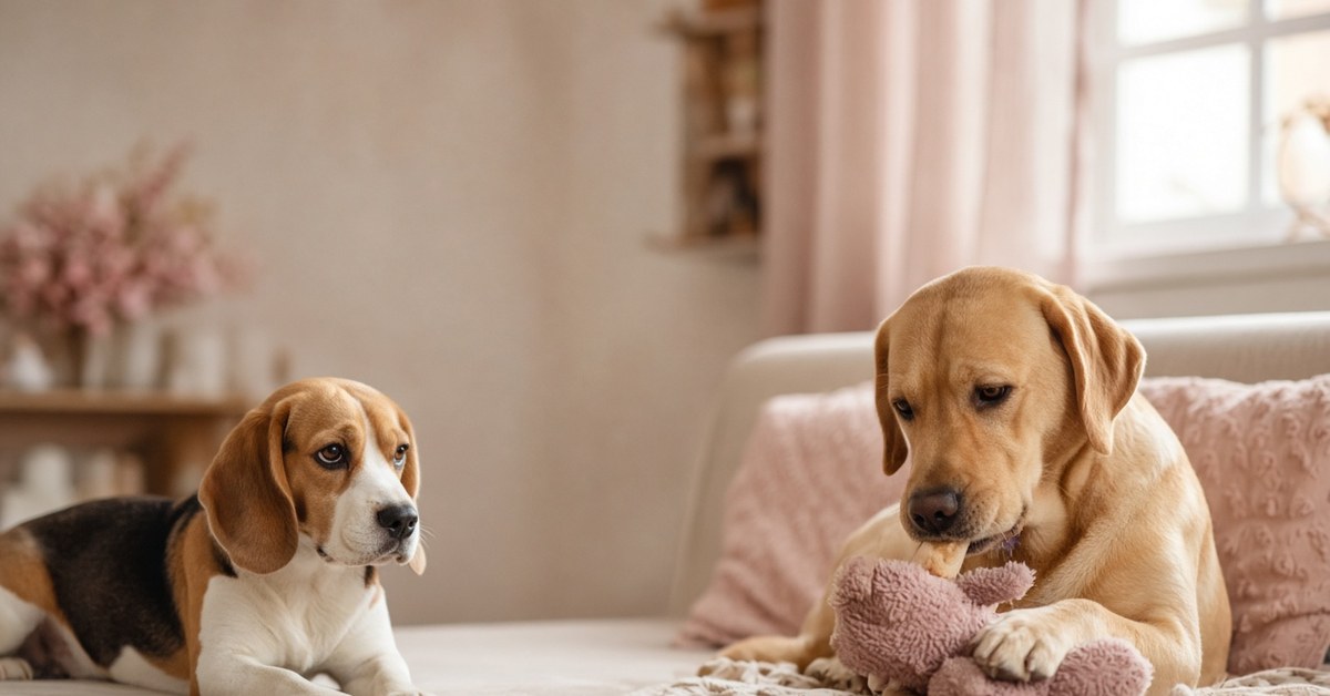 Beagle schaut eifersüchtig zu einem Labrador, der mit einem Plüschtier spielt