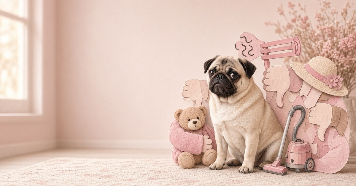 10 Dinge, die Hunde an uns Scheiße finden 11 Mops sitzt neben einer rosa Pappcollage mit Dingen, die Hunde nicht mögen