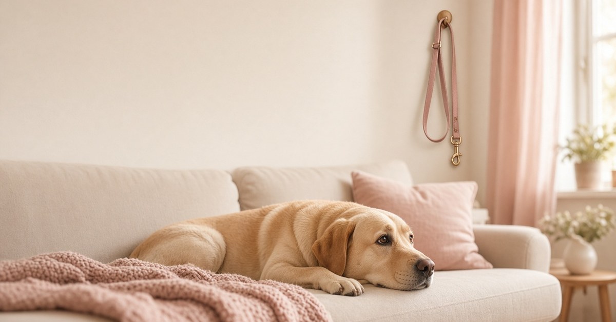 Müder Labrador liegt auf einem cremefarbenen Sofa, an der Wand hängt eine leere Leine