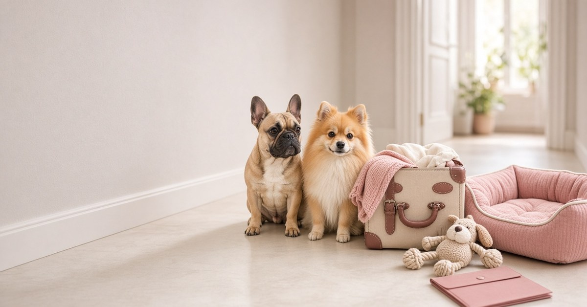 Französische Bulldogge und Spitz sitzen neben gepacktem Koffer und Hundebett