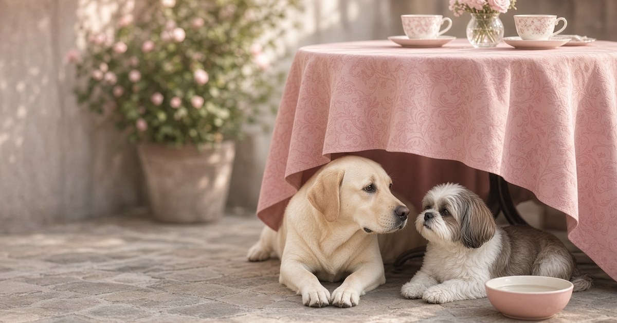 Labrador und Shih Tzu liegen friedlich unter einem Tisch auf einer Café-Terrasse