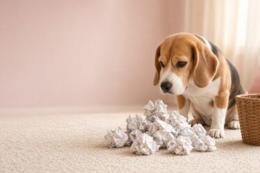 Beagle sitzt skeptisch vor zerknülltem Papier und einem kleinen Papierkorb