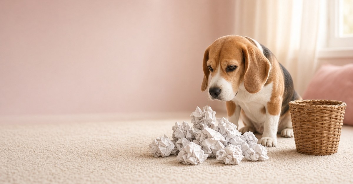Beagle sitzt skeptisch vor zerknülltem Papier und einem kleinen Papierkorb