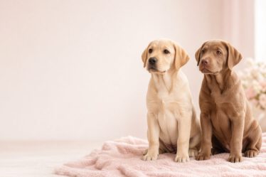 Zwei junge Labradore sitzen nachdenklich nebeneinander auf einer rosa Decke