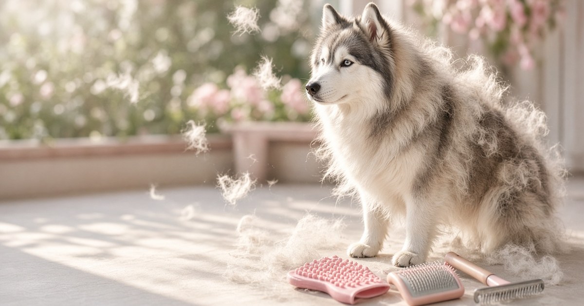 Husky mit Unterwolle neben Bürsten und Entfilzungskamm in der Sonne