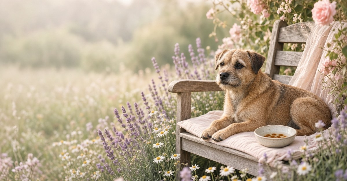 Keine Chemie gegen Zecken! 1 Border Terrier ruht auf einer Gartenbank zwischen Lavendel und Kamille
