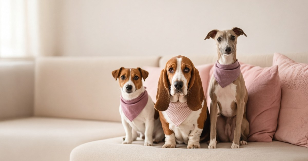 Jack Russell, Basset und Whippet sitzen mit Halstüchern auf dem Sofa