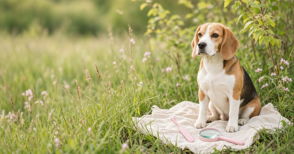 Infos zu Zecken bei Mensch und Hund 48 Beagle sitzt in einer Wiese auf einer Decke neben Zeckenhaken und Lupe