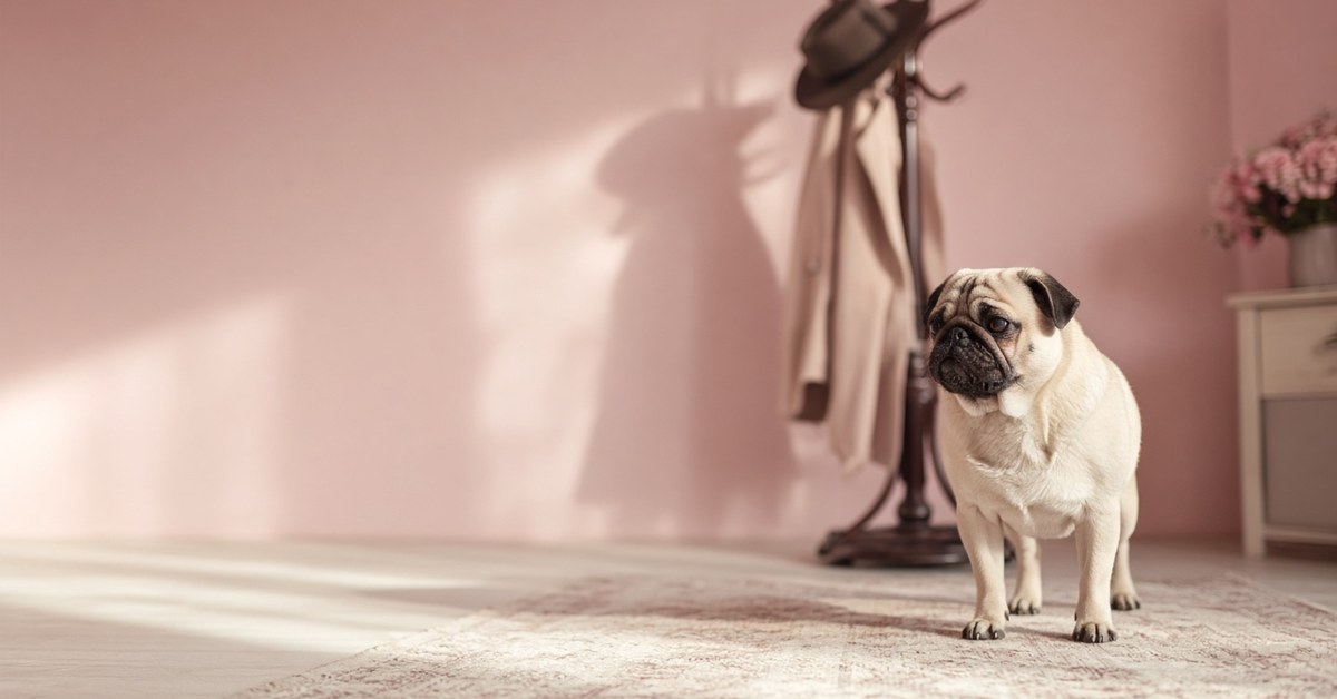 Warum knurrt mein Hund manche Menschen an? 10 Mops steht in einem rosa Flur und blickt skeptisch zur Seite