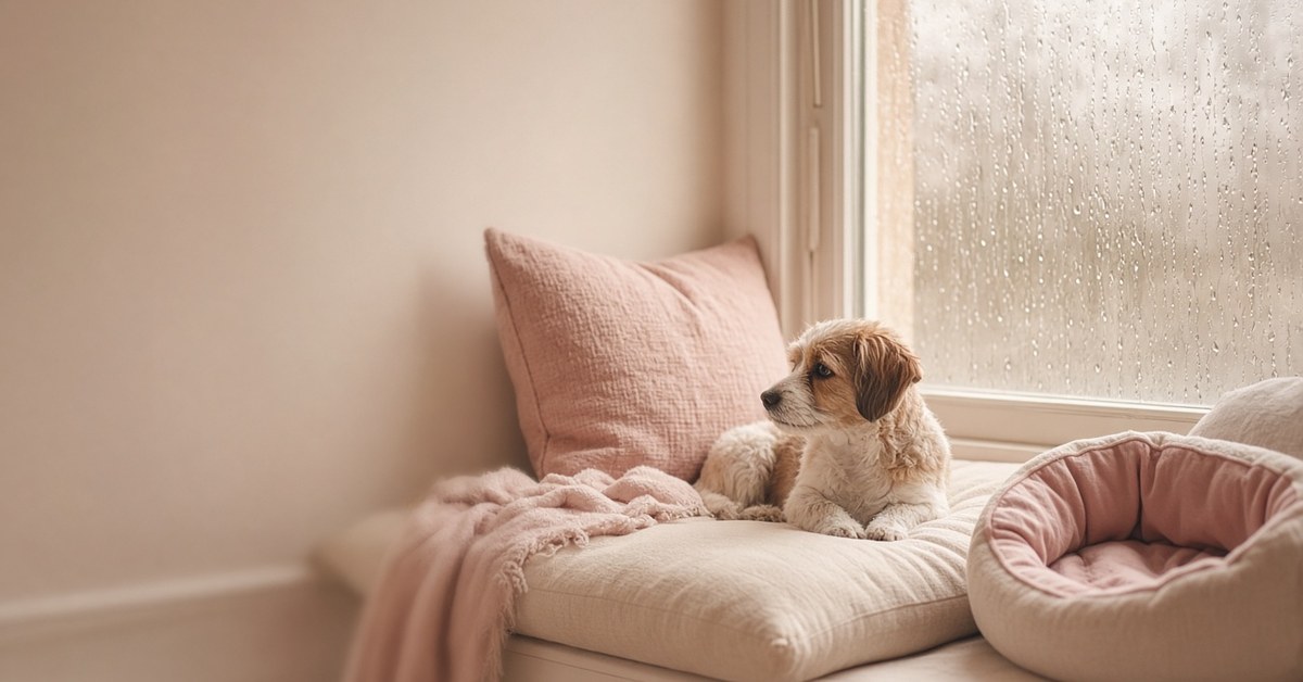 Kleiner Hund sitzt einsam am regnerischen Fenster neben einem leeren Hundebett